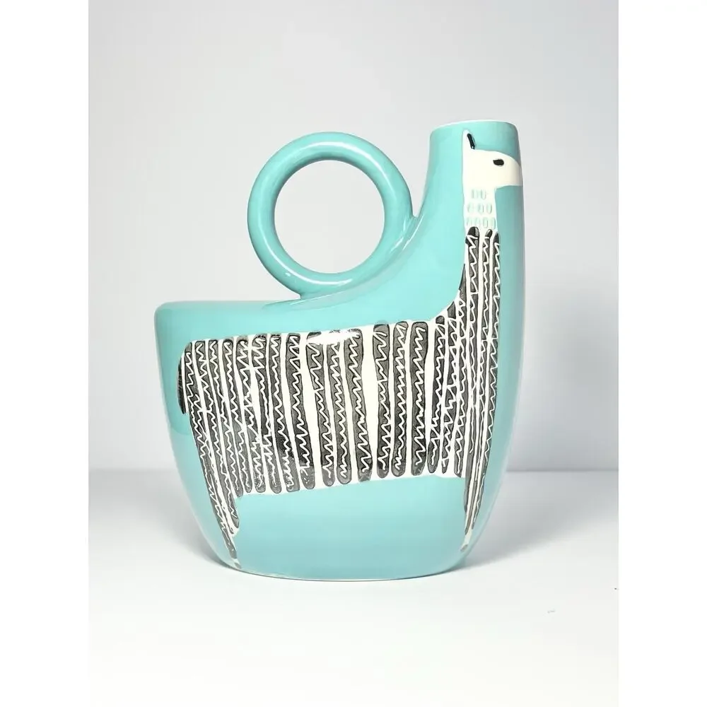 West Elm Ceramic Turquoise “Llama” Handled Pitcher Jug 8 1/4” 28oz
